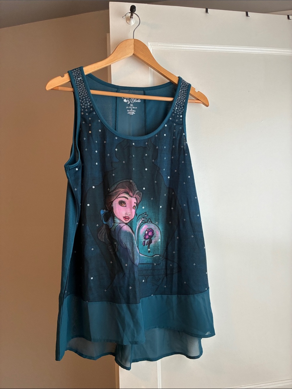 Disney Teal Belle Illustration Tank Top with Sheer Hem